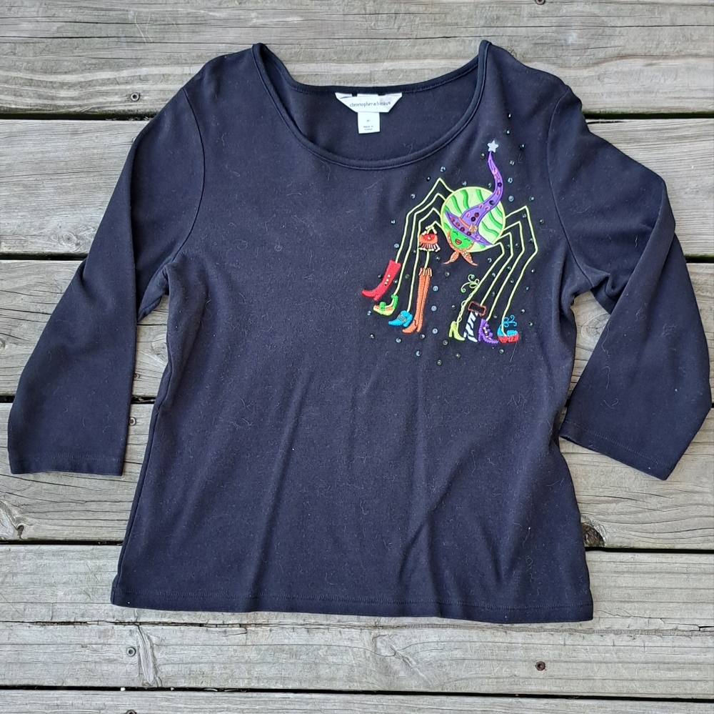 Vintage Halloween Embroidery Christopher & Banks 3/4 Sleeve Top